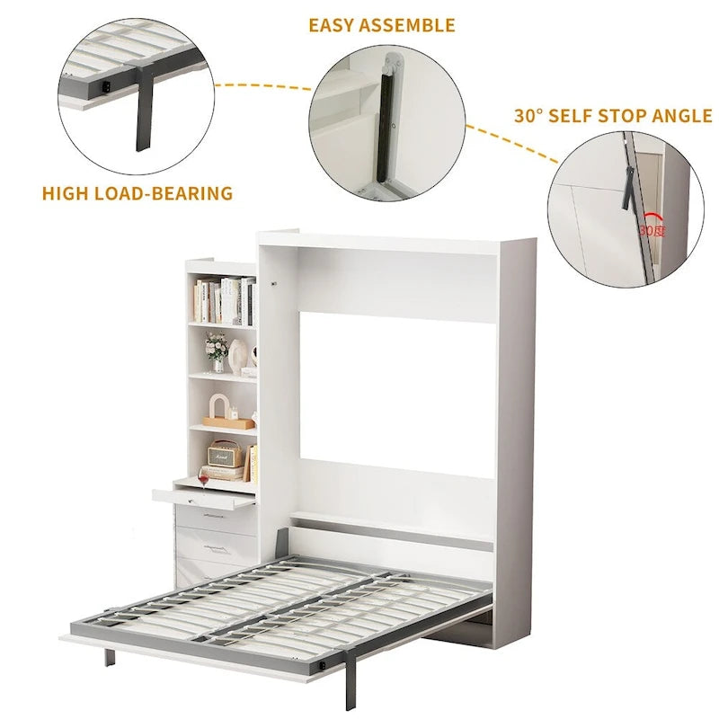 White Full Size Murphy Bed with Integrated Shelves and Drawers - Gas Strut