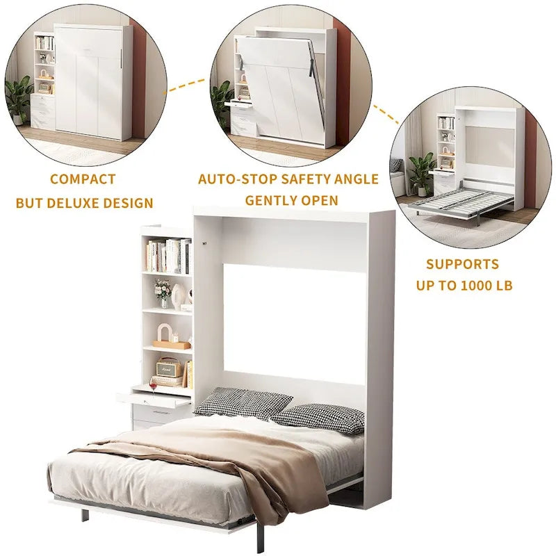 White Full Size Murphy Bed with Integrated Shelves and Drawers - Gas Strut