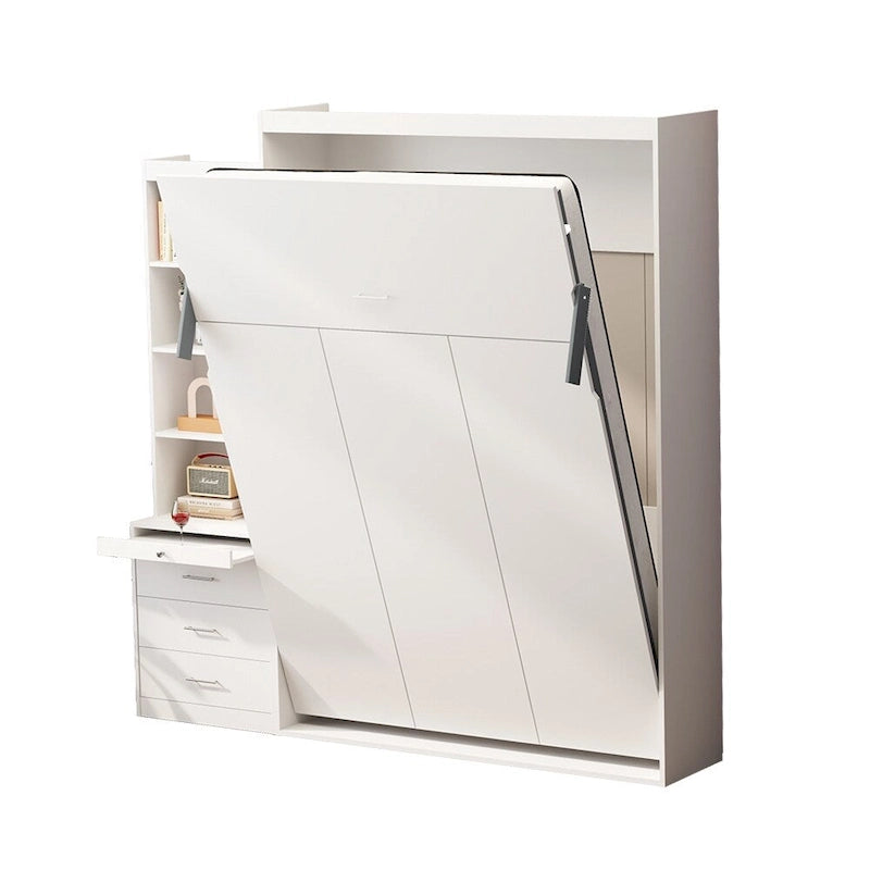 White Full Size Murphy Bed with Integrated Shelves and Drawers - Gas Strut