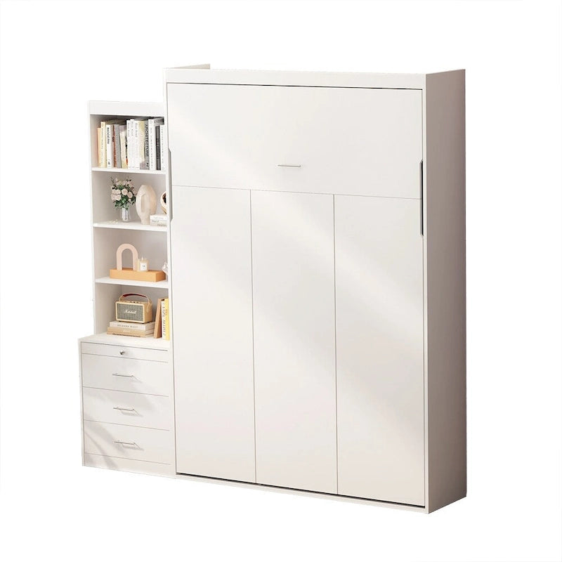 White Full Size Murphy Bed with Integrated Shelves and Drawers - Gas Strut