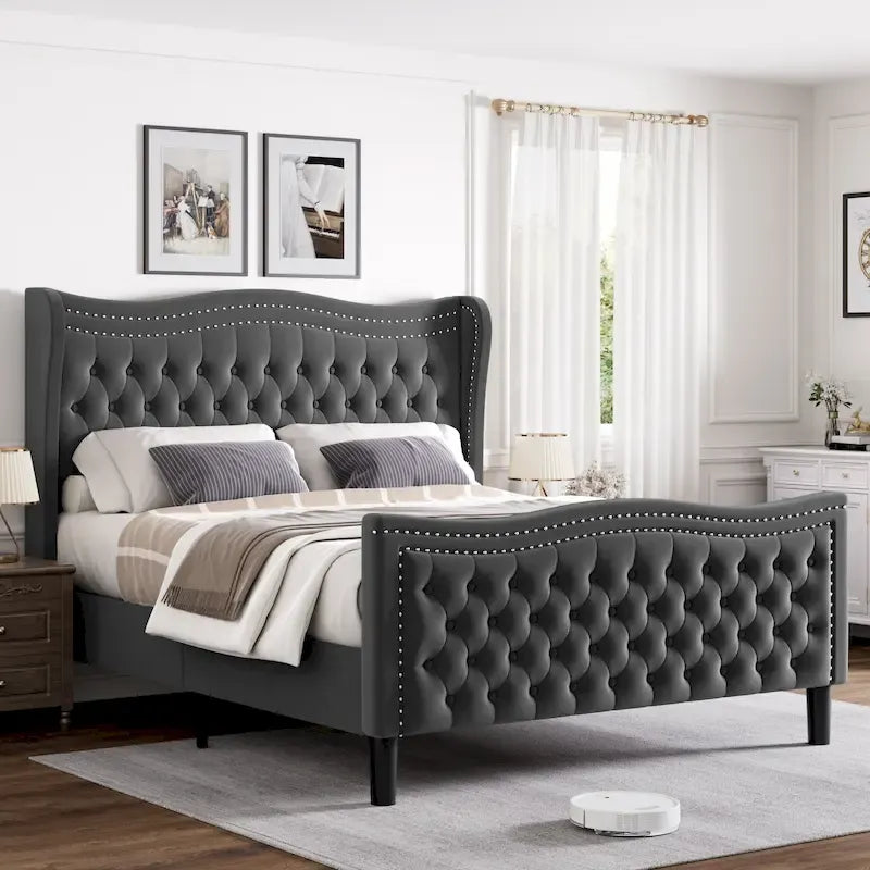 King Size Modern Velvet Platform Bed