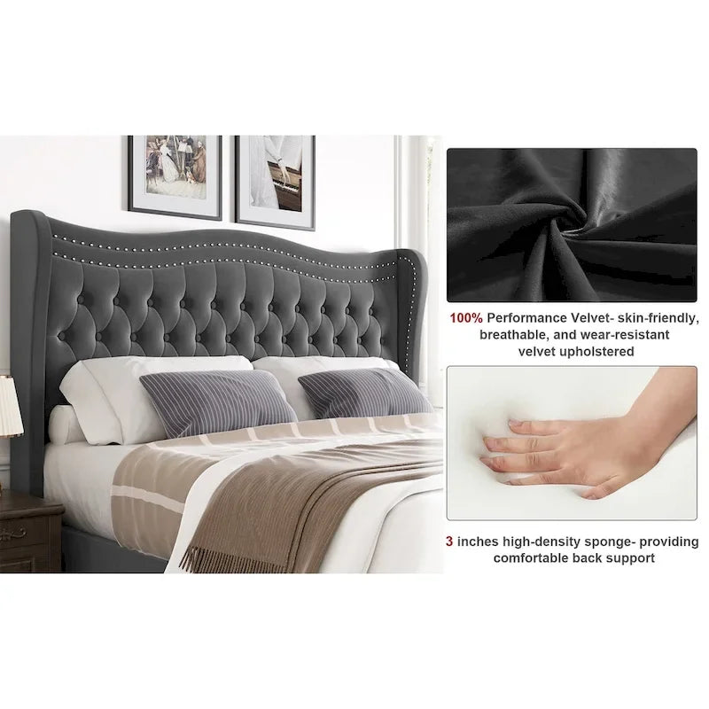 King Size Modern Velvet Platform Bed
