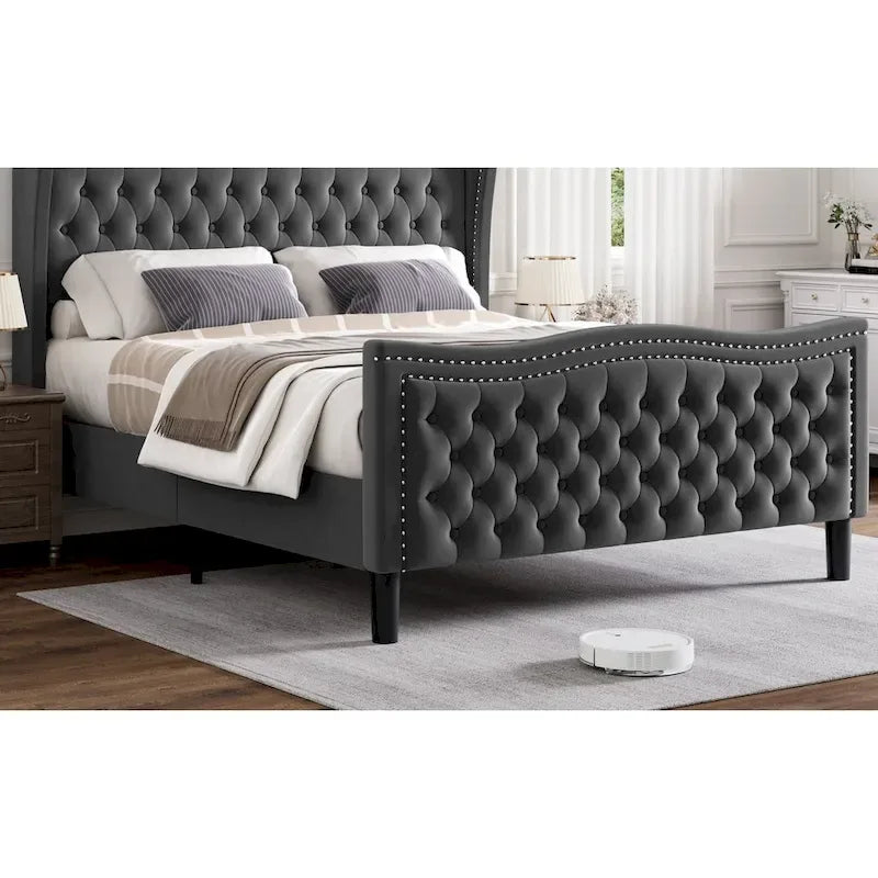 King Size Modern Velvet Platform Bed