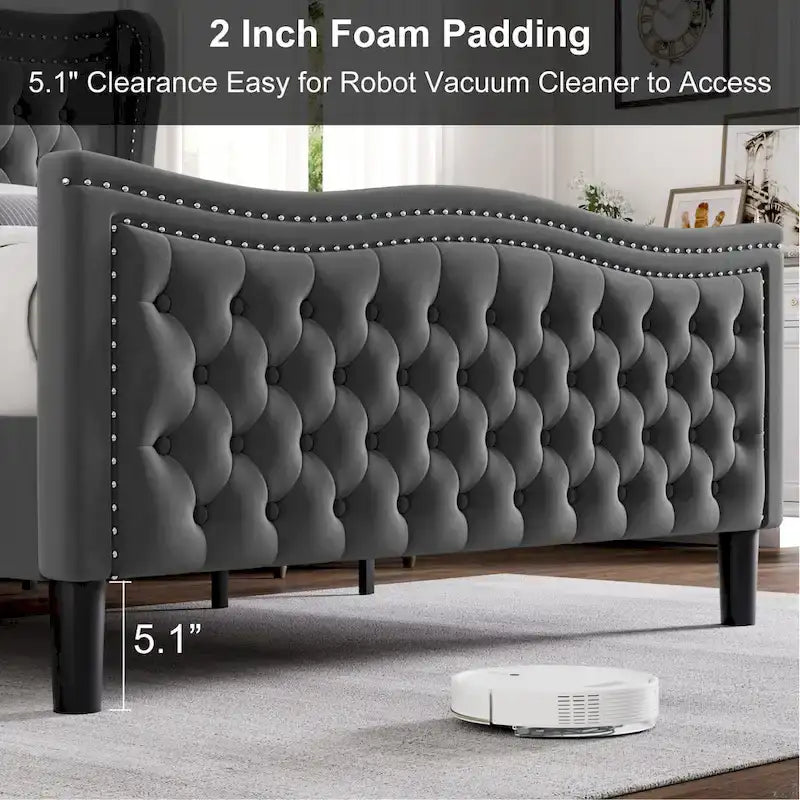 King Size Modern Velvet Platform Bed