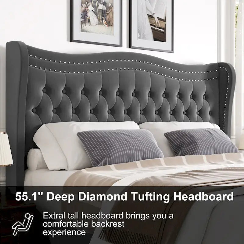 King Size Modern Velvet Platform Bed