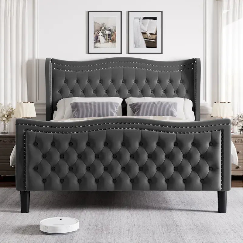 King Size Modern Velvet Platform Bed