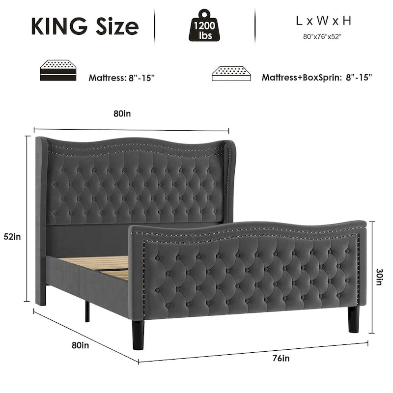 King Size Modern Velvet Platform Bed