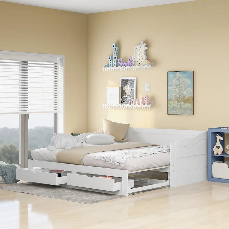 White Twin Extendable Daybed with 2 Storage Drawers - Expands to King Size