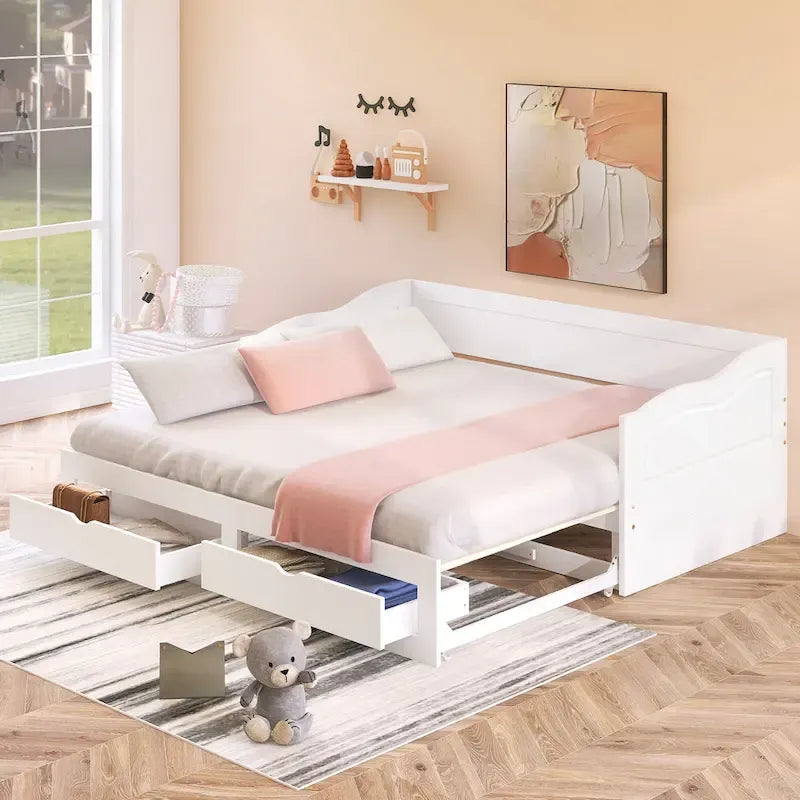 White Twin Extendable Daybed with 2 Storage Drawers - Expands to King Size