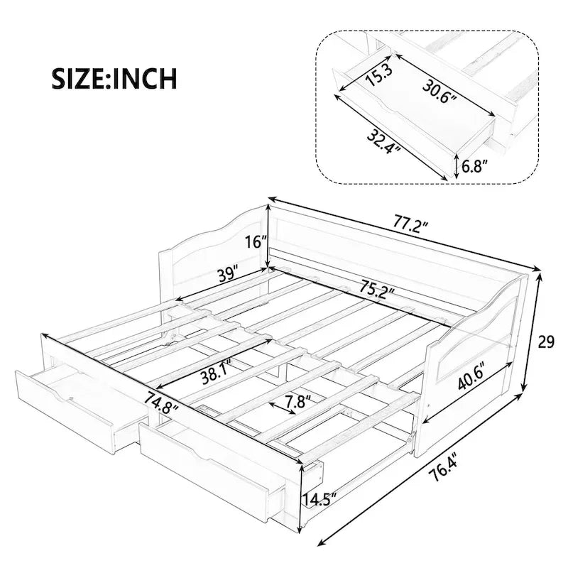 White Twin Extendable Daybed with 2 Storage Drawers - Expands to King Size