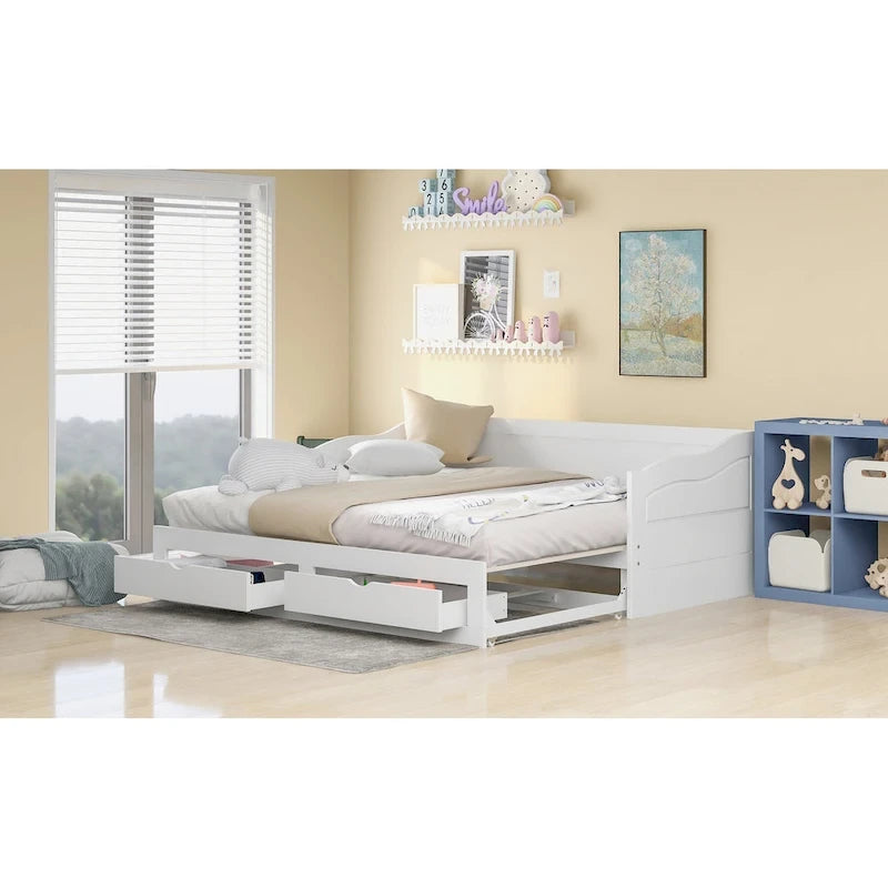 White Twin Extendable Daybed with 2 Storage Drawers - Expands to King Size