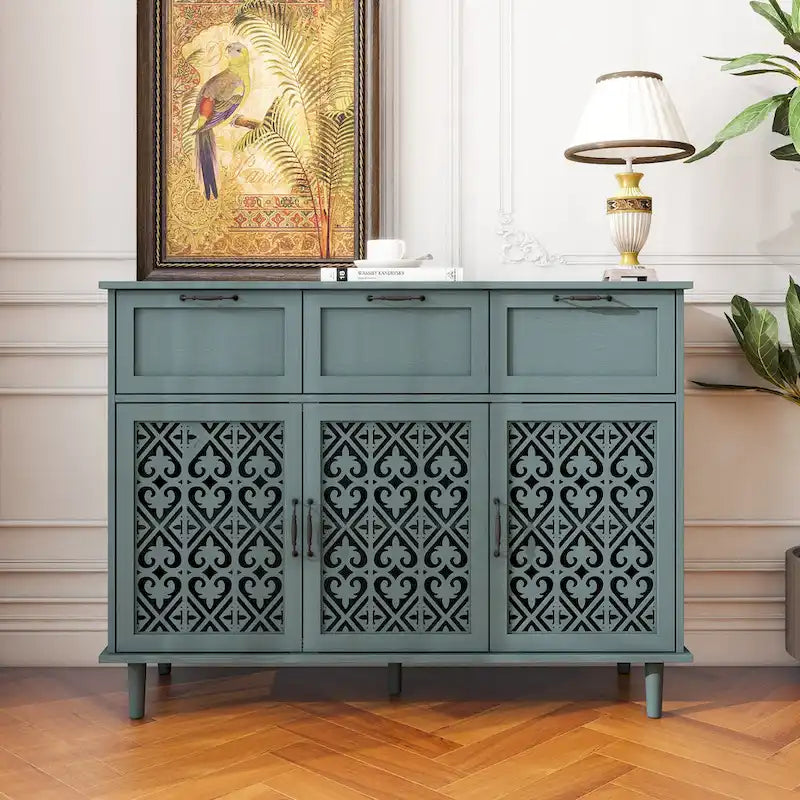 Retro Style 47.24 Inch Horizontal Dresser with 3 Drawers and 3 Carved Panel Doors