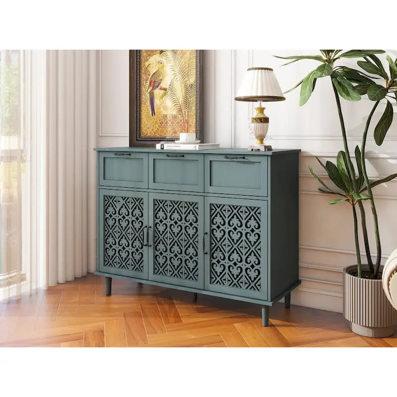 Retro Style 47.24 Inch Horizontal Dresser with 3 Drawers and 3 Carved Panel Doors