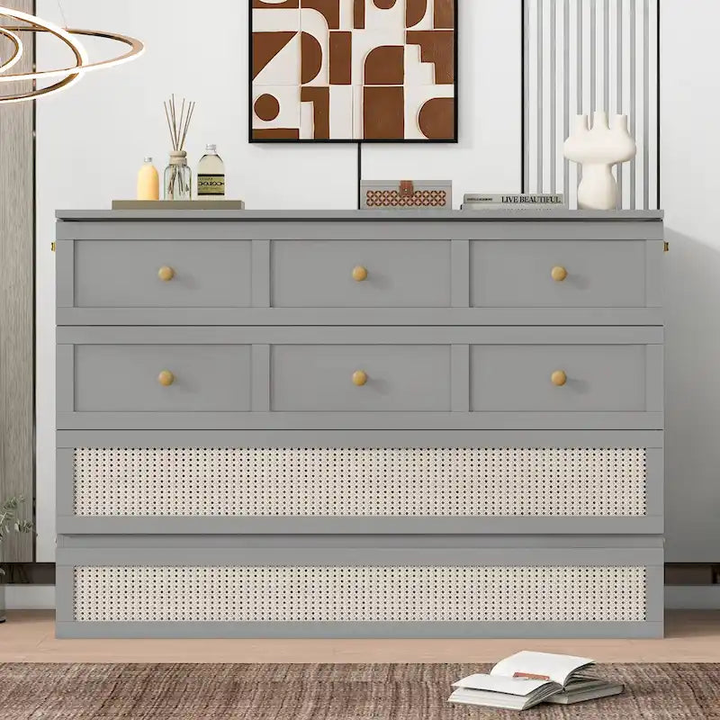 Gray Full Size Murphy Bed with Storage Drawers and Rattan Panel Design