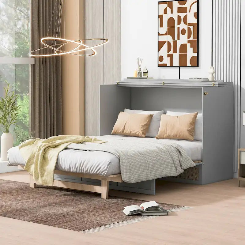 Gray Full Size Murphy Bed with Storage Drawers and Rattan Panel Design