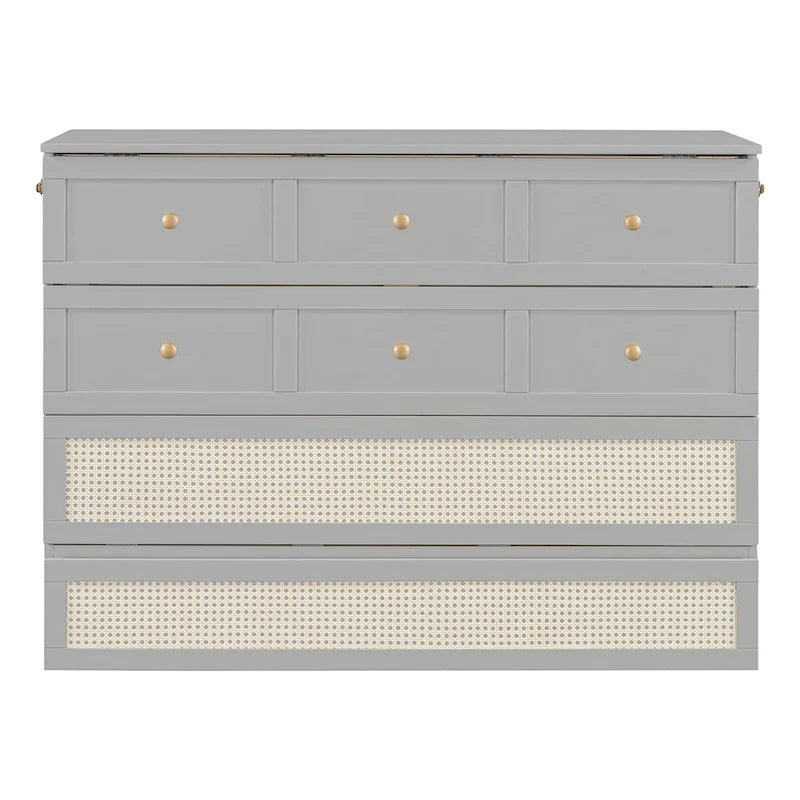 Gray Full Size Murphy Bed with Storage Drawers and Rattan Panel Design