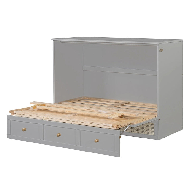 Gray Full Size Murphy Bed with Storage Drawers and Rattan Panel Design