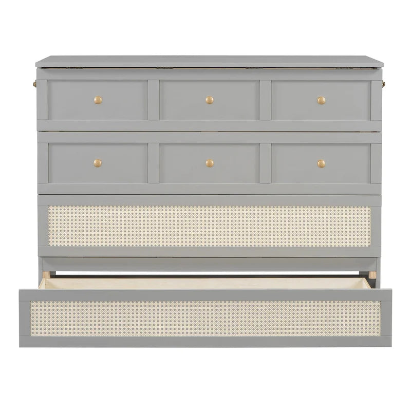 Gray Full Size Murphy Bed with Storage Drawers and Rattan Panel Design