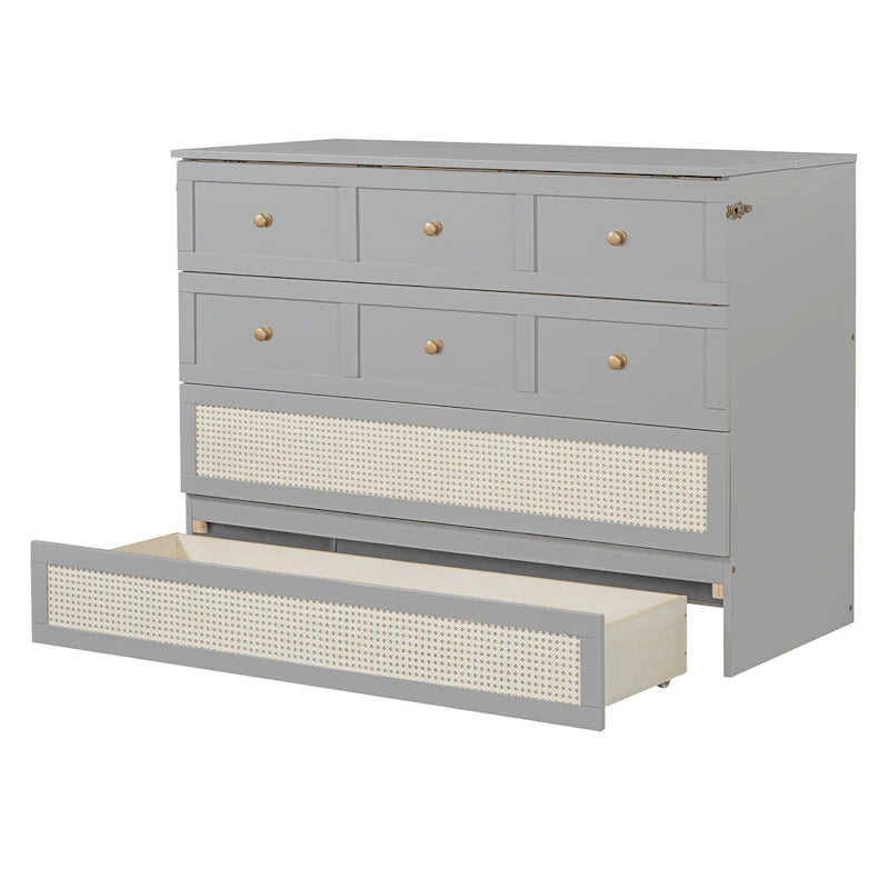 Gray Full Size Murphy Bed with Storage Drawers and Rattan Panel Design