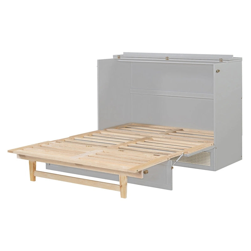 Gray Full Size Murphy Bed with Storage Drawers and Rattan Panel Design