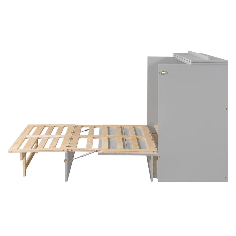 Gray Full Size Murphy Bed with Storage Drawers and Rattan Panel Design