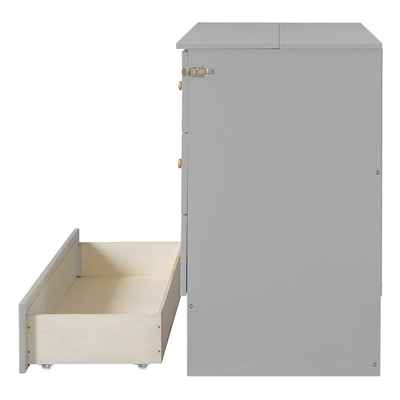 Gray Full Size Murphy Bed with Storage Drawers and Rattan Panel Design