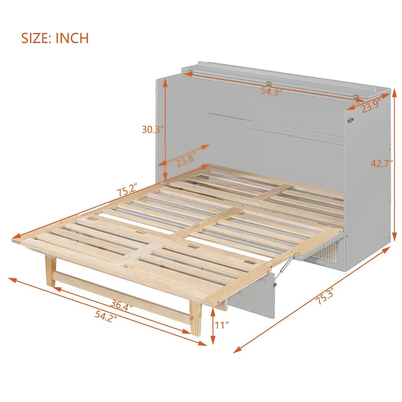 Gray Full Size Murphy Bed with Storage Drawers and Rattan Panel Design