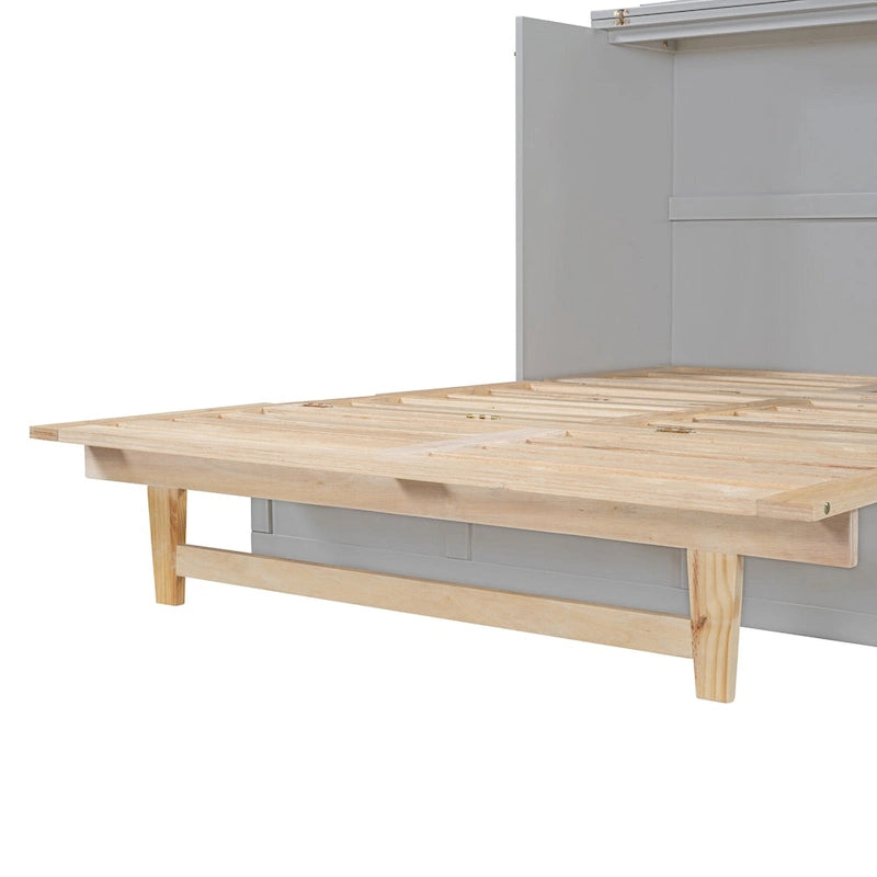 Gray Full Size Murphy Bed with Storage Drawers and Rattan Panel Design