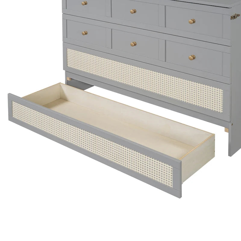 Gray Full Size Murphy Bed with Storage Drawers and Rattan Panel Design