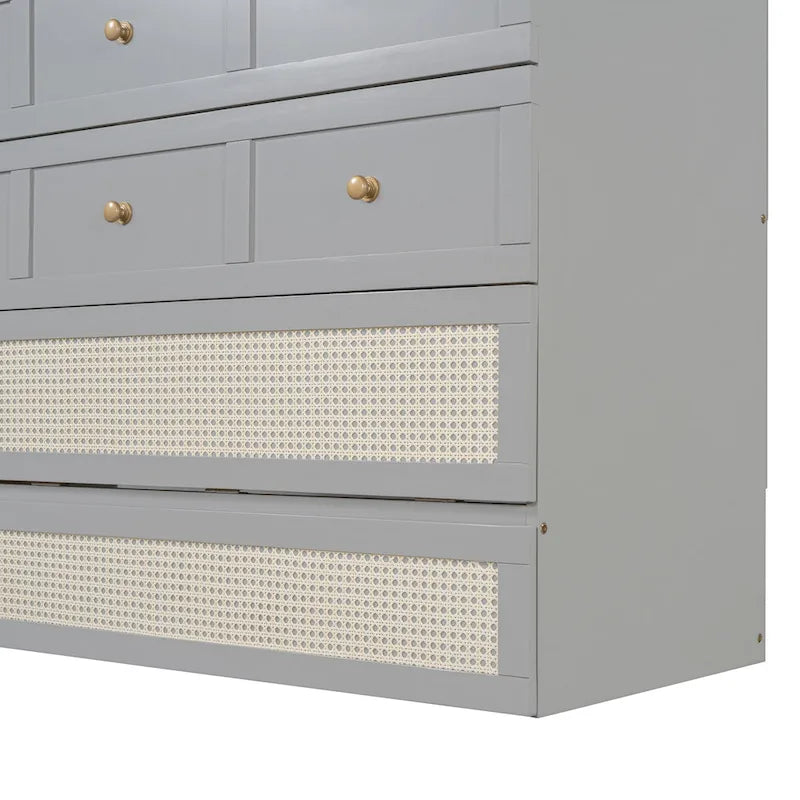 Gray Full Size Murphy Bed with Storage Drawers and Rattan Panel Design