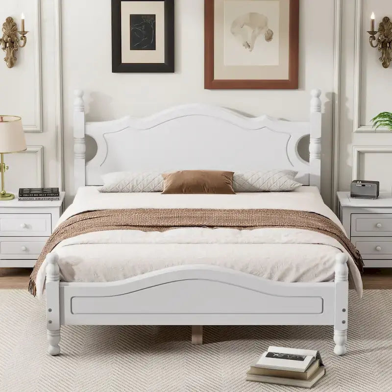 Retro Style Pine Wood Platform Bed Frame with Headboard and Footboard, Wooden Slat Support