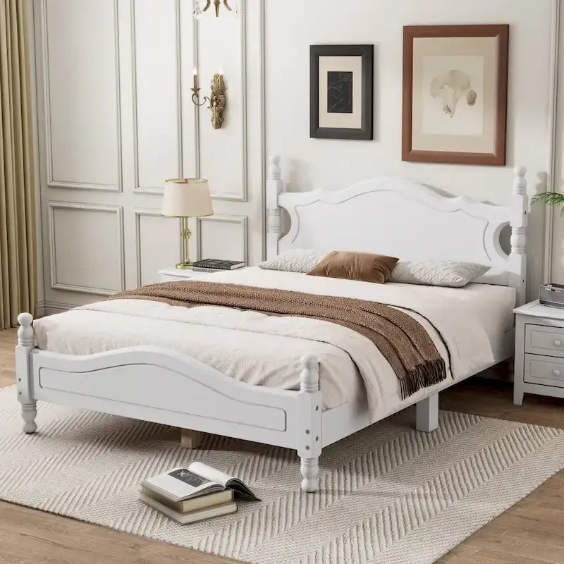 Retro Style Pine Wood Platform Bed Frame with Headboard and Footboard