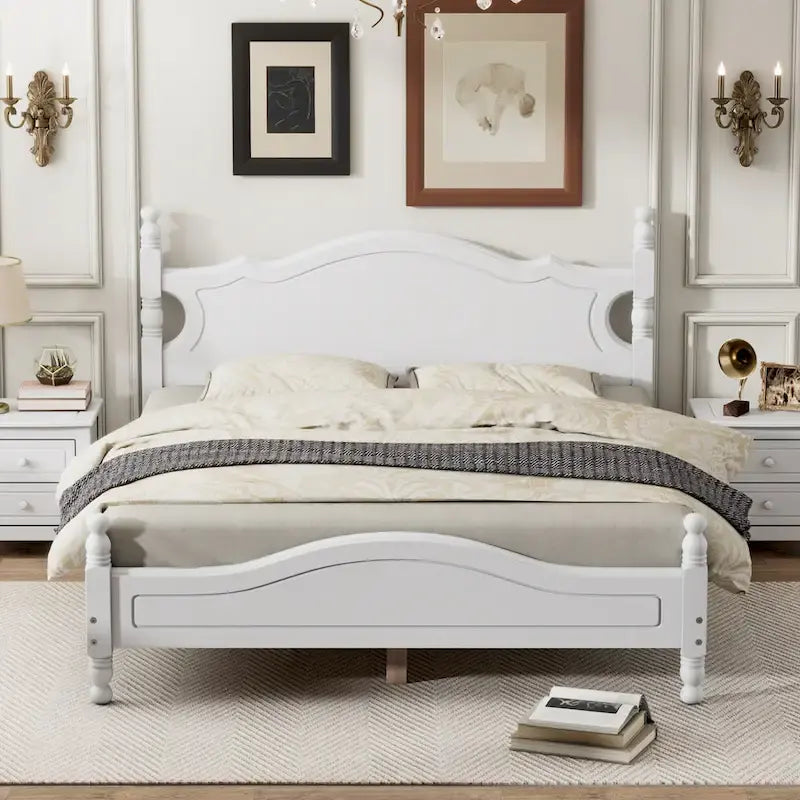 Retro Style Pine Wood Platform Bed Frame with Headboard and Footboard