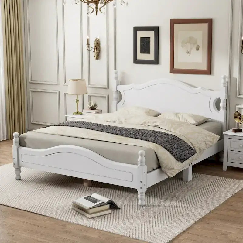 Retro Style Pine Wood Platform Bed Frame with Headboard and Footboard