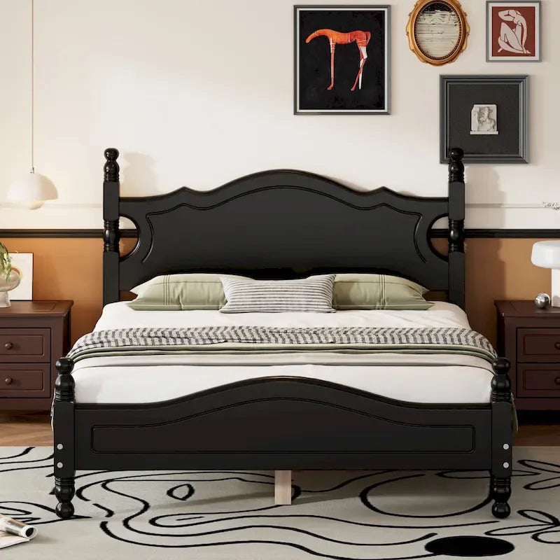 Retro Style Pine Wood Platform Bed Frame with Headboard and Footboard