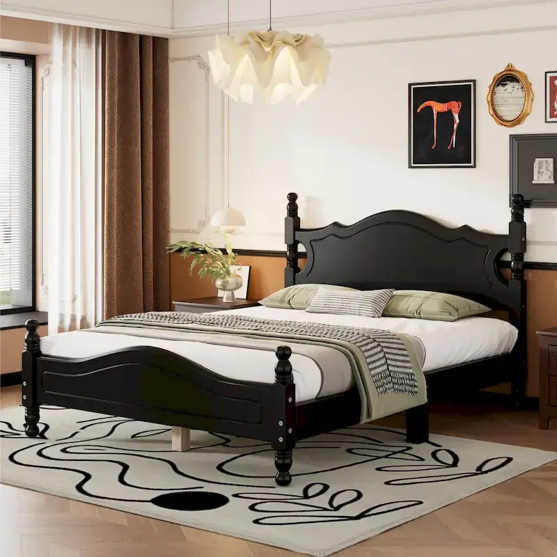 Retro Style Pine Wood Platform Bed Frame with Headboard and Footboard