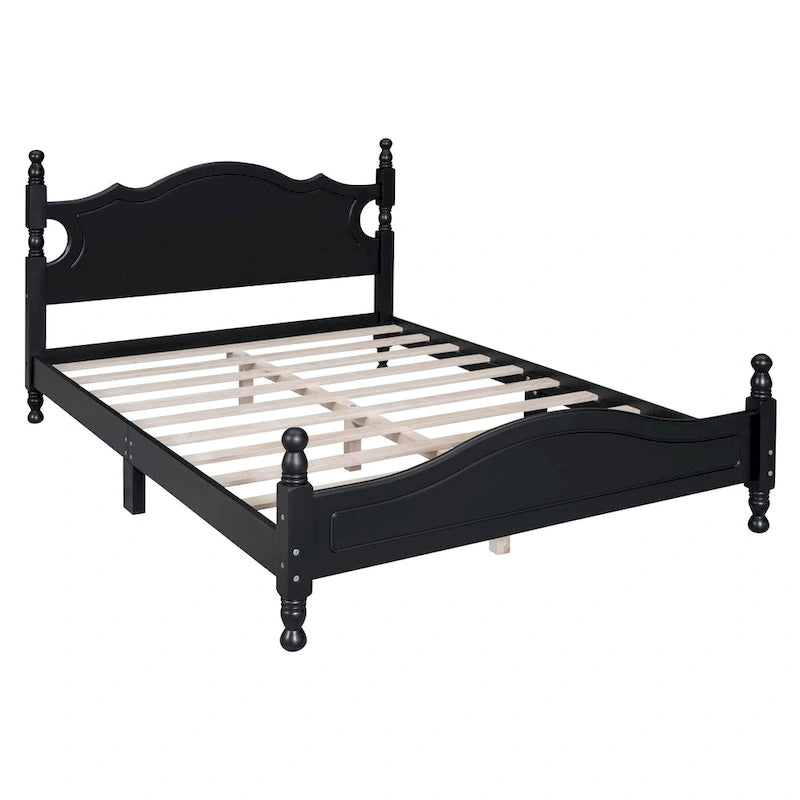 Retro Style Pine Wood Platform Bed Frame with Headboard and Footboard
