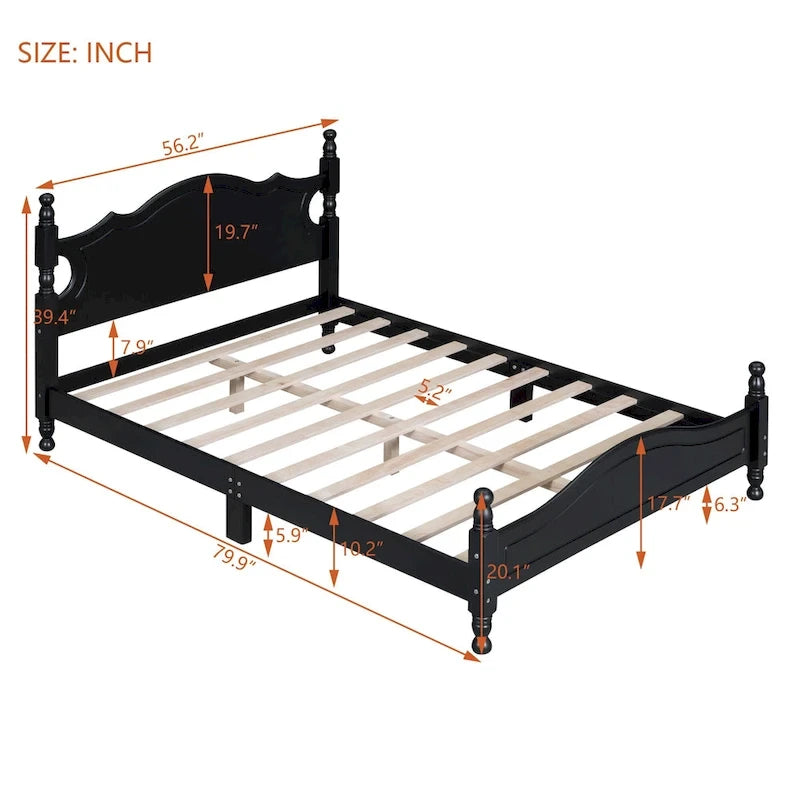 Retro Style Pine Wood Platform Bed Frame with Headboard and Footboard