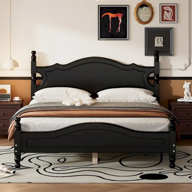 Retro Style Pine Wood Platform Bed Frame with Headboard and Footboard
