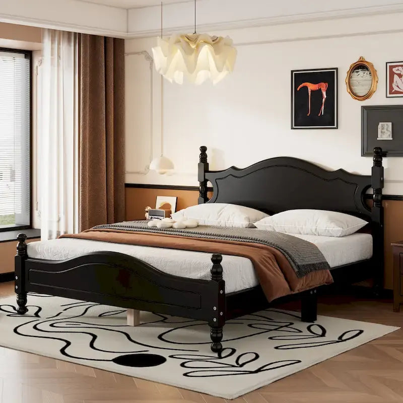 Retro Style Pine Wood Platform Bed Frame with Headboard and Footboard