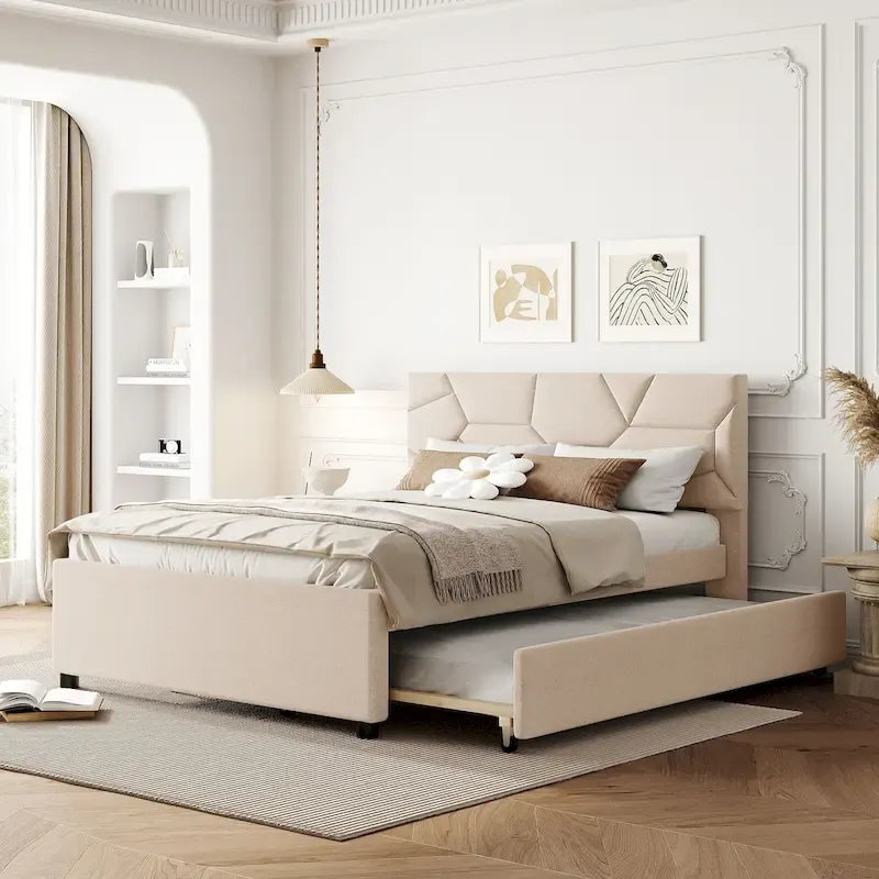Linen Upholstered Platform Bed with Trundle and Brick Pattern Headboard - Twin/Full/Queen