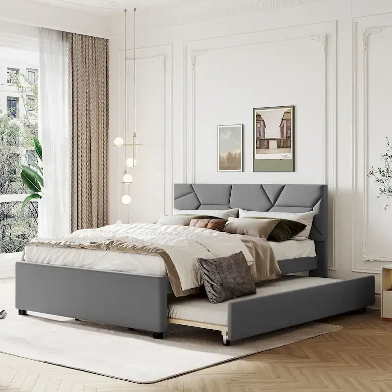Linen Upholstered Platform Bed with Trundle and Brick Pattern Headboard - Twin/Full/Queen