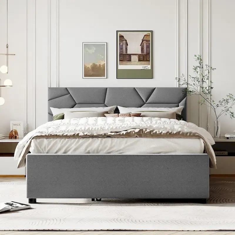 Linen Upholstered Platform Bed with Trundle and Brick Pattern Headboard - Twin/Full/Queen