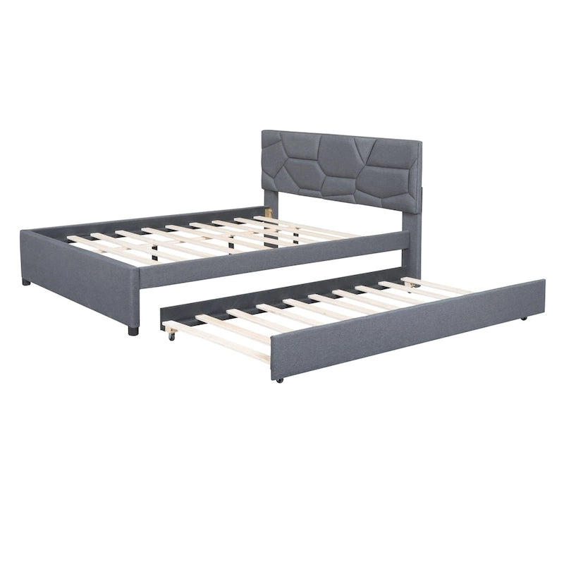 Linen Upholstered Platform Bed with Trundle and Brick Pattern Headboard - Twin/Full/Queen