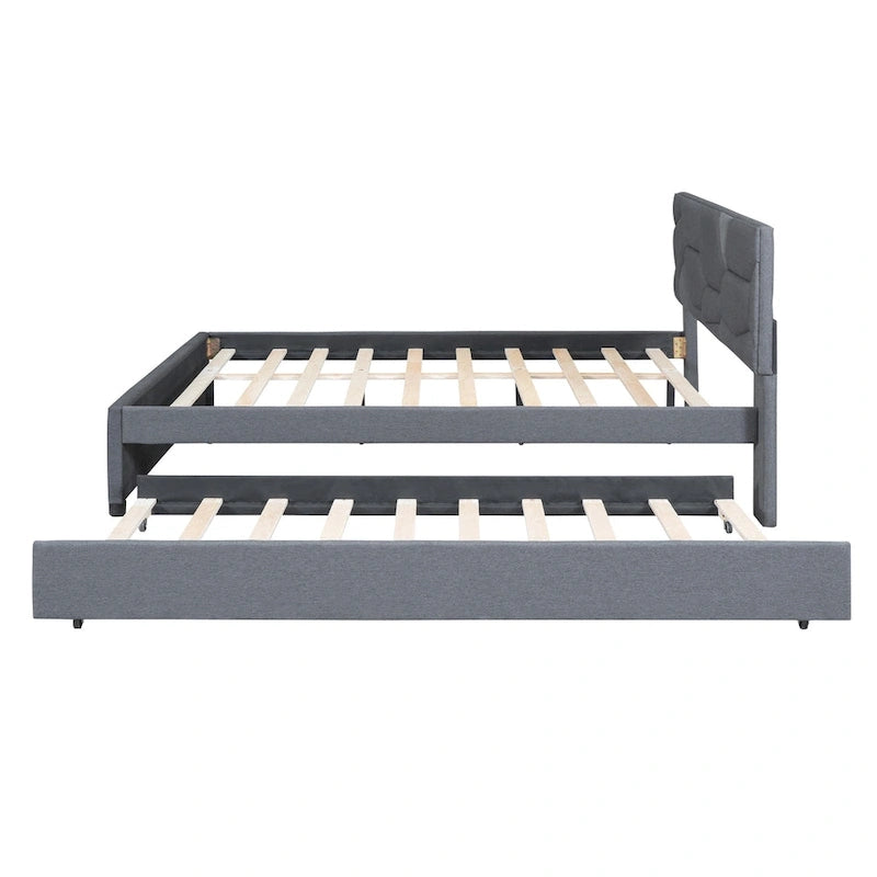 Linen Upholstered Platform Bed with Trundle and Brick Pattern Headboard - Twin/Full/Queen
