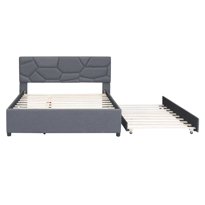 Linen Upholstered Platform Bed with Trundle and Brick Pattern Headboard - Twin/Full/Queen