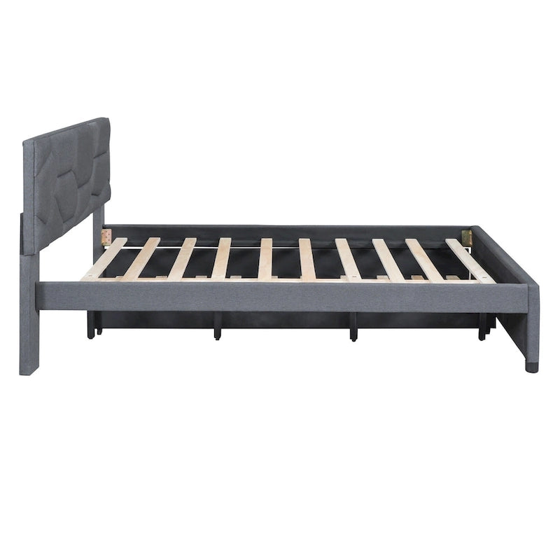 Linen Upholstered Platform Bed with Trundle and Brick Pattern Headboard - Twin/Full/Queen