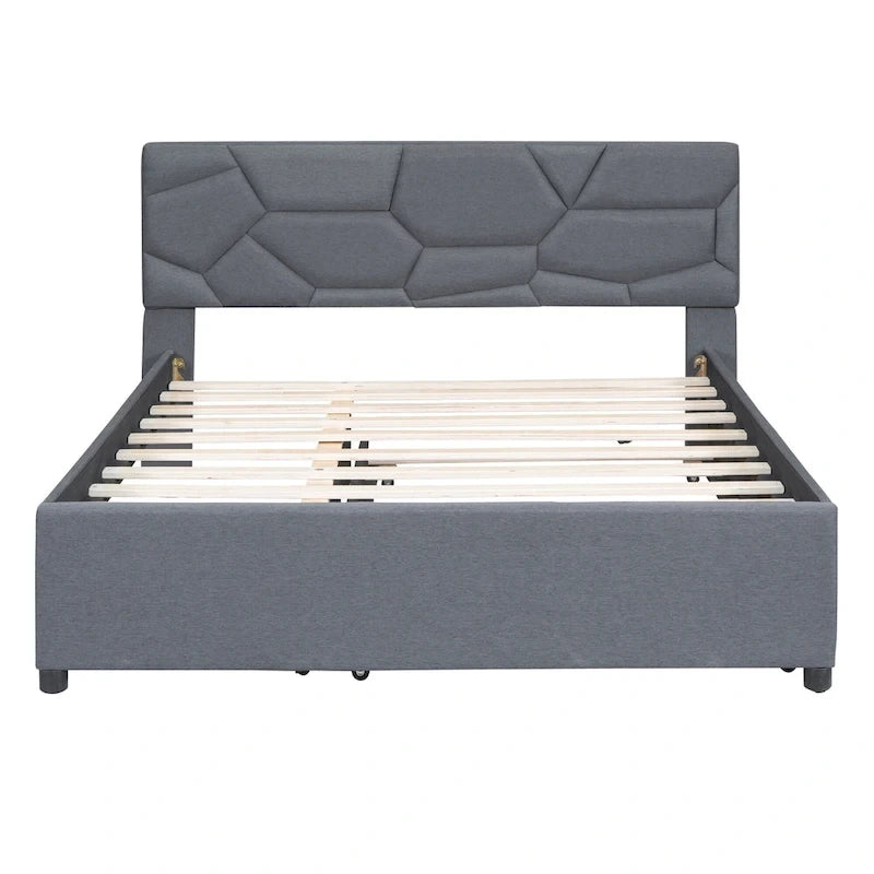 Linen Upholstered Platform Bed with Trundle and Brick Pattern Headboard - Twin/Full/Queen