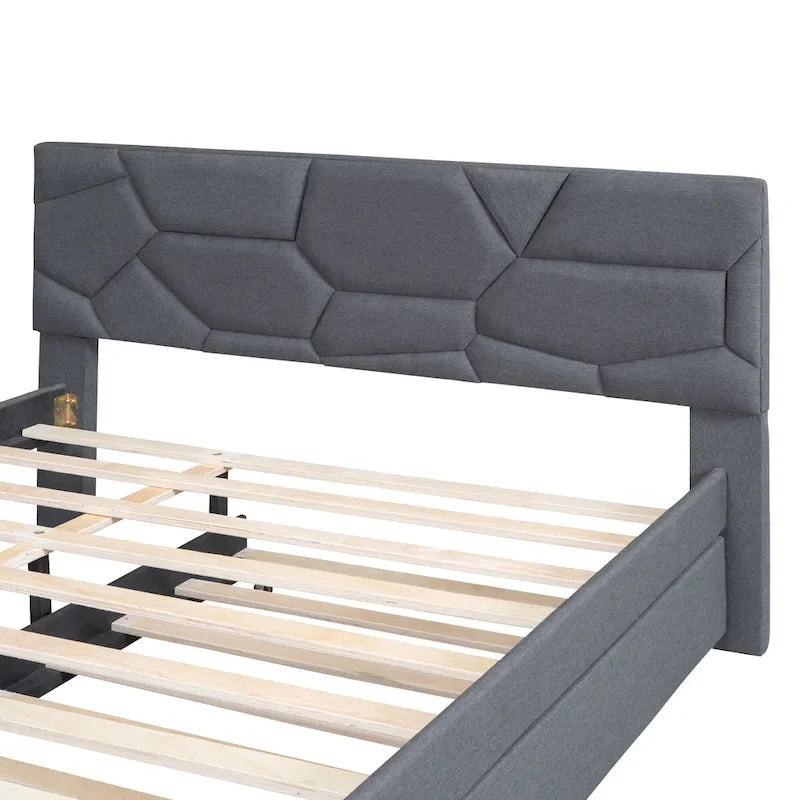 Linen Upholstered Platform Bed with Trundle and Brick Pattern Headboard - Twin/Full/Queen