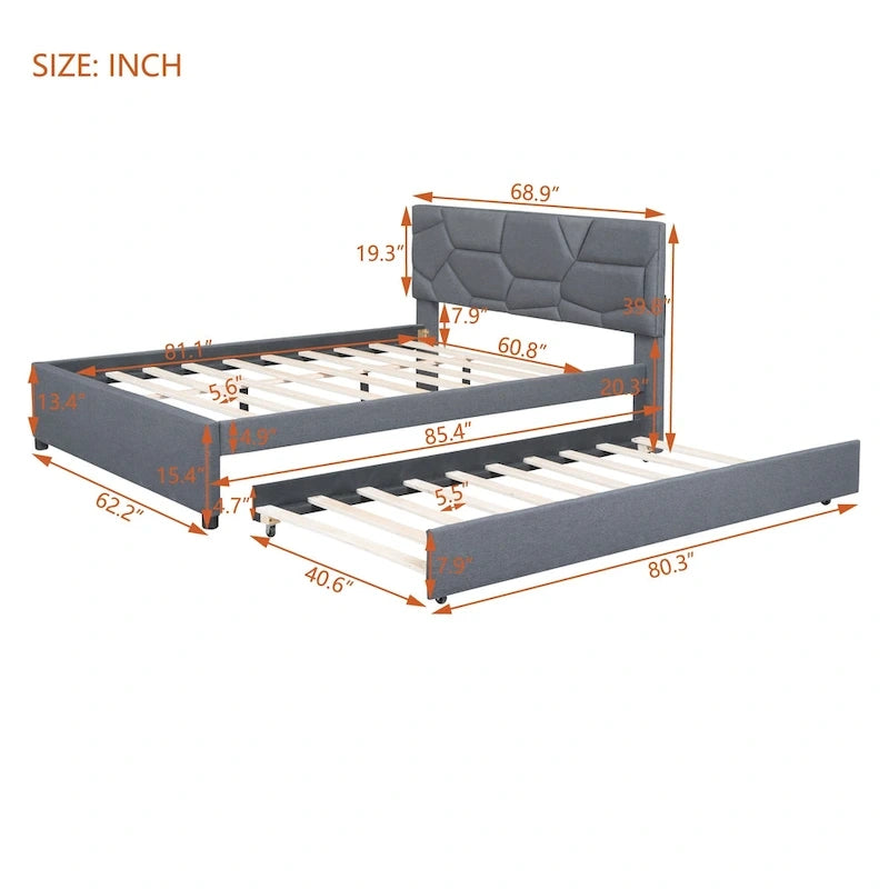 Linen Upholstered Platform Bed with Trundle and Brick Pattern Headboard - Twin/Full/Queen